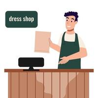 A young cashier standing at the checkout counter with a cash register in a supermarket. A smiling cashier working at the checkout in a supermarket. Vector illustration of a flat design.