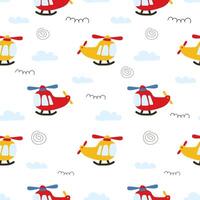 Seamless pattern for a boy with a cartoon children's helicopter.  Wallpaper for a children's room with flying helicopters and clouds.  Vector printing of air transport.