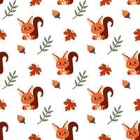 Seamless pattern with squirrel, nuts and leaves.  Vector flat illustration with a wild cute animal on a white background