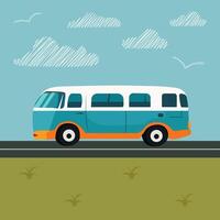 The bus is traveling on a highway in the desert. Grass, road and clouds landscape flat vector illustration