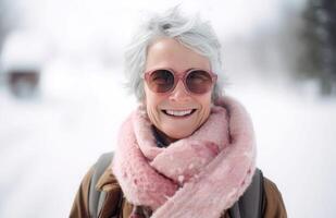 AI generated Elderly woman winter season. Generate AI photo