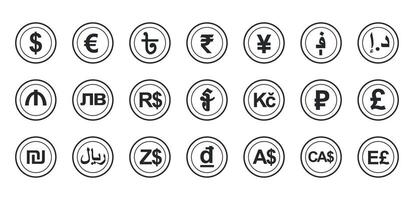 conjunto de dinero monedas de diferente países de el mundo. contorno intercambiar icono vector ilustración.