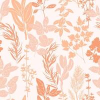 Floral seamless pattern with hand drawn aromatic garden herbs in peach fuzz color vector