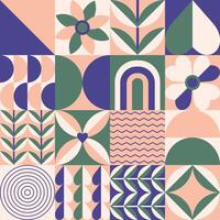 Graphic geometric plants square card in a flat style, natural patter and lines, tile design. Vector illustration.