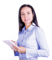 porträtt av en leende, ung attraktiv företag kvinna i en blå skjorta med en anteckningsblock i henne händer. företag lady png