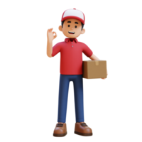 3D Delivery Man Character with OK Sign Hand Pose with Parcel Box png