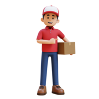 3D Delivery Man Character Pointing to the Left Pose with Parcel Box png