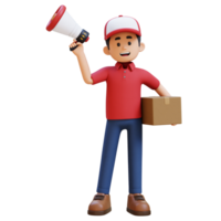 3D Delivery Man Character Holding Megaphone with Parcel Box png