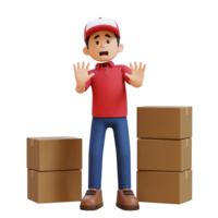 3D Delivery Man Character Fear and Denial Poses with Parcel Box png