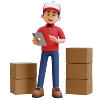 3D Delivery Man Character working on Tablet with Parcel Box png