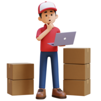 3D Delivery Man Character Thinking While Working on a Laptop with Parcel Box png
