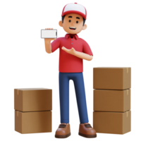 3D Delivery Man Character Presenting on Empty Phone Screen with Parcel Box png