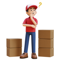 3D Delivery Man Character Confused and Thinking Pose with Parcel Box png