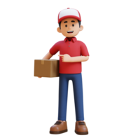 3D Delivery Man Character Pointing to the Right Pose with Parcel Box png