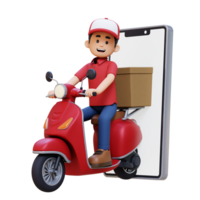 3d livraison homme personnage livrer paquet avec une scooter png