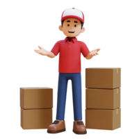 3D Delivery Man Character Communication Pose with Parcel Box png