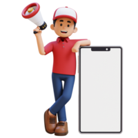 3d entrega hombre personaje participación megáfono y acostado en grande vacío teléfono pantalla con paquete o empaquetar caja png