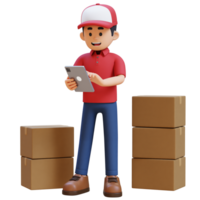 3D Delivery Man Character working on Tablet with Parcel Box png