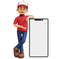 3D Delivery Man Character Presenting and Lying on Big Empty Phone Screen png