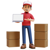 3D Delivery Man Character Presenting on Empty Laptop Screen with Parcel Box png