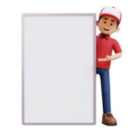 3D Delivery Man Character Presenting on Blank Placard png