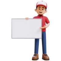 3D Delivery Man Character Presenting on Blank Placard png