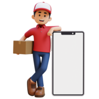 3D Delivery Man Character Lying on Large Empty Phone Screen and Carrying Parcel Box png