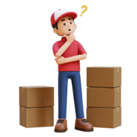 3D Delivery Man Character Confused and Thinking Pose with Parcel Box png