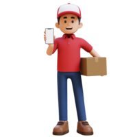 3D Delivery Man Character presenting Empty Phone Screen and Carrying Parcel Box png