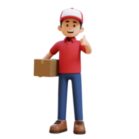 3D Delivery Man Character Giving Thumbs Up Pose with Parcel Box png