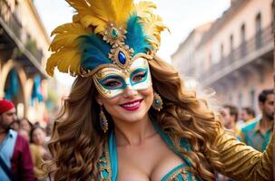 ai generado hermosa hembra vistiendo veneciano carnaval máscara y disfraz foto