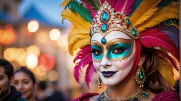 ai generado hermosa hembra vistiendo veneciano carnaval máscara y disfraz foto