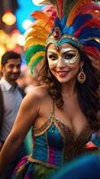 ai generado hermosa hembra vistiendo veneciano carnaval máscara y disfraz foto