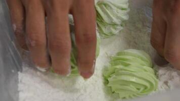 Woman's hands sprinkling with icing sugar a zephyr using sieve. Confectioner sprinkles powdered sugar on marshmallow. Confectioner sprinkles powdered sugar on marshmallow video