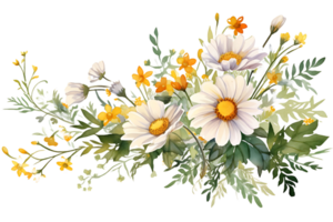 AI generated Watercolor Daisy Flowers Corner Border  Chamomile Bouquet, Wildflowers for Wedding Invitations and Greeting Cards png