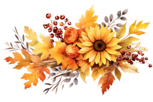 AI generated Fall Arrangement Watercolor Illustration  Autumn Leaves, Rowan Berries, Sunflower, Acorn, Maple Leaf png