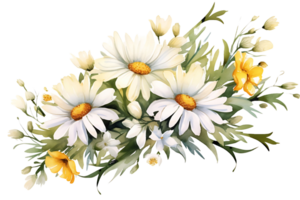 AI generated Watercolor Daisy Flowers Corner Border  Chamomile Bouquet, Wildflowers for Wedding Invitations and Greeting Cards png