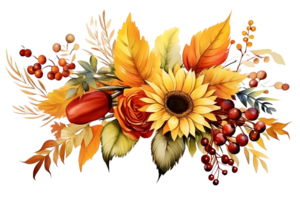 AI generated Fall Arrangement Watercolor Illustration  Autumn Leaves, Rowan Berries, Sunflower, Acorn, Maple Leaf png