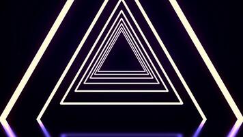 Beautiful abstract triangle tunnel with black, white, and purple light lines coming closer. Flying through glowing neon triangle tunnel on black background video
