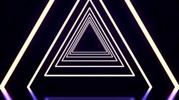 Beautiful abstract triangle tunnel with black, white, and purple light lines coming closer. Flying through glowing neon triangle tunnel on black background video