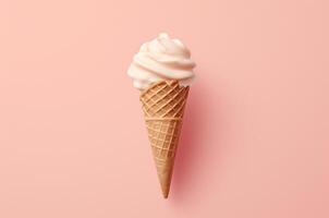 AI generated Minimalistic ice cream in a waffle cone on a pink background photo