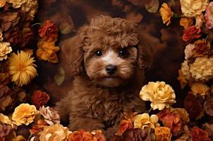 AI generated Brown multipoo posing in bright colors. Greeting card. Mothers Day. DOGS DAY photo
