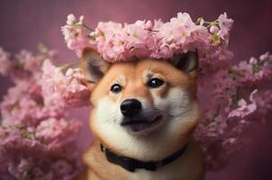 ai generado shibu inu con un rosado guirnalda. barbiecore. rosado flores foto