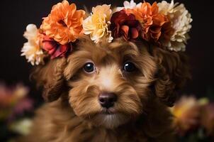 ai generado un hermosa marrón multipoo perrito con un guirnalda en su cabeza poses para un foto disparar con flores de la madre día tarjeta