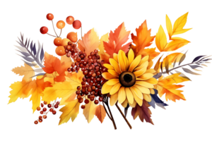 AI generated Fall Arrangement Watercolor Illustration  Autumn Leaves, Rowan Berries, Sunflower, Acorn, Maple Leaf png