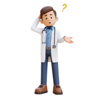 3d médecin personnage confus et en pensant pose. adapté pour médical contenu png