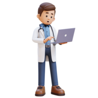 3d médecin personnage travail sur une portable. adapté pour médical contenu png