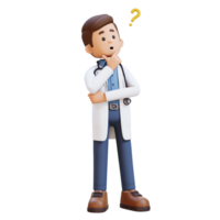 3d médecin personnage confus et en pensant pose. adapté pour médical contenu png