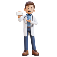 3d médico personagem apresentando em esvaziar telefone tela. adequado para médico conteúdo png