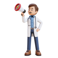 3d médecin personnage en portant mégaphone. adapté pour médical contenu png